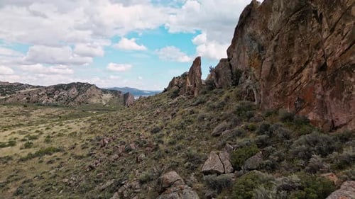 Flying along rock formation along the shore of Flaming Gorge