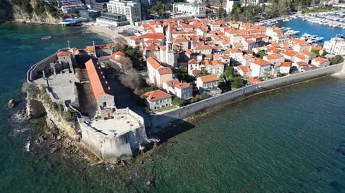 Panorama of the Old Town in Budva Filmed From a Drone
