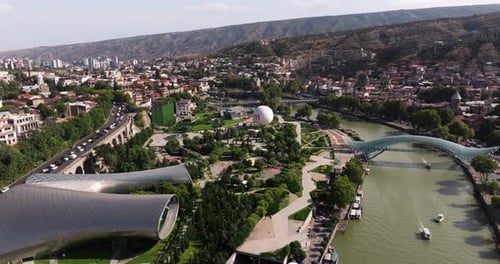 Beautiful Aerial View Above Rike Park, Tbilisi, Georgia. Drone Shot. Summer