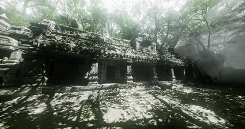 D'anciennes ruines cachées sous un feuillage dense dans un décor de jungle brumeuse