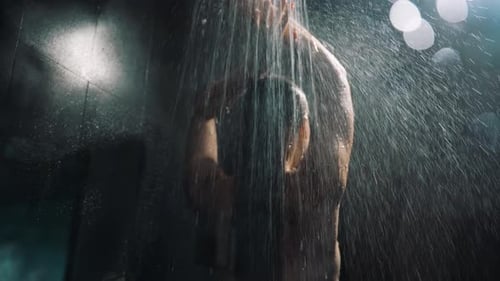 Young Naked Woman Take Hot Relax Shower After Sports Training in Gym