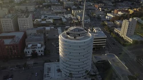 Aerial Drone footage above the famous Capitol Records building in Hollywood. Shot with DJI Mavic dr