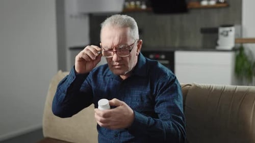 Senior Man Examining Pill Bottle on Couch