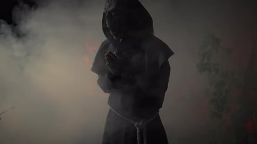 Silhouette Of Scary Horror Monk Man In The Night Misty Forest