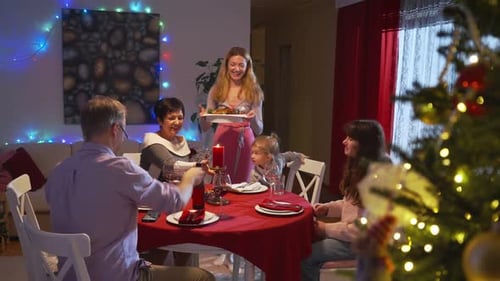 Family gathers for Christmas dinner at home