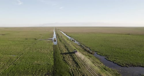 Driving Along a Dusty Road Cutting Through the Heart of the Forest