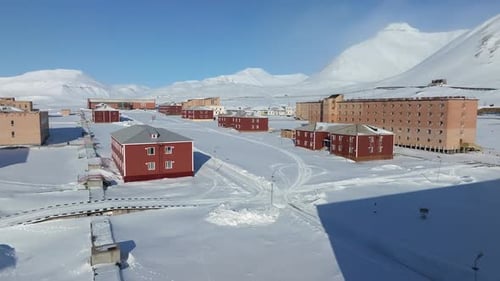 Pyramiden Town in Spitsbergen, Svalbard and Jan Mayen under heavy snow, Aerial view