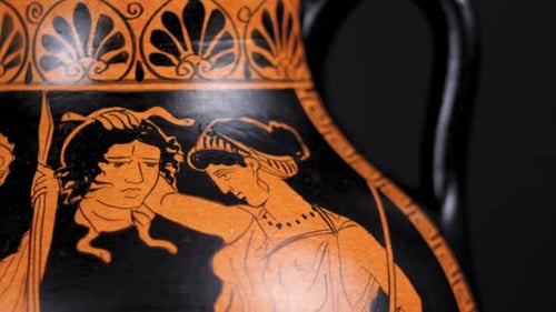 Dolly of a replica Greek Amphora or Vase that tells the myth of Perseus giving the head of Medusa to