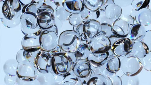 Concept abstrait : les bulles transparentes en gel se déplacent de manière chaotique sur un fond clair, Liquid Wave Splash