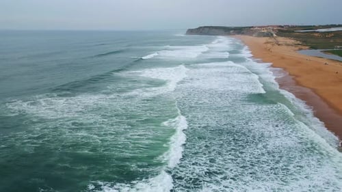 Gloomy Day Marine Horizon Drone View Serene Sea Coast with Calm Grey Waves Surf
