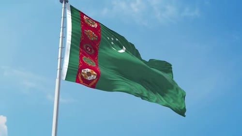 Realistic Turkmenistan Flag Waving in Blue Sky