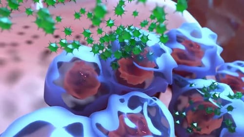 Viral infection concept with blue cells and green viruses