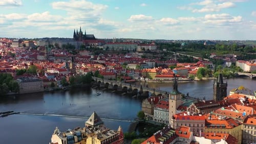Prague scenic spring aerial view of the Prague Old Town pier architecture and Charles Bridge over Vl