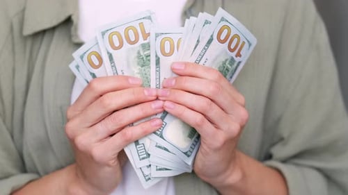 Cropped View Woman Showing Cash Money 1000 American Dollars Banknotes Hands with Money Close Up