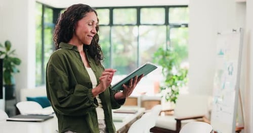 Scroll, online and woman with tablet, office and performance review on website or digital marketing