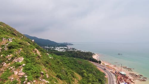 Aerial View Jib of the Coastline and the City in the Background Before the Storm.