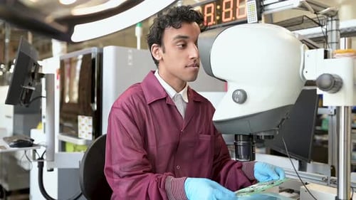 Male Engineer Examining Semiconductor Under Microscope in Factory 1819 Years