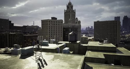 Rooftop View of Urban Architecture and Skyline at Sunset in City