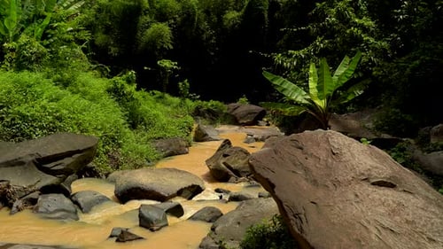 Regenwasser fließt in der Wildnis zwischen Felsen einen Fluss hinunter