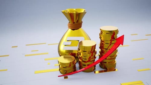 Golden Money Bag With A Dash Symbol And Increasing Coins Including Red Upward Arrow
