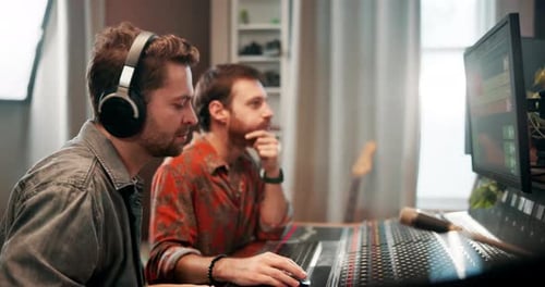 People, computer and music producer in studio as artist for beats, song or album with talent