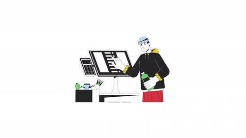 Animated Person Using Self-Checkout Machine Flat Design