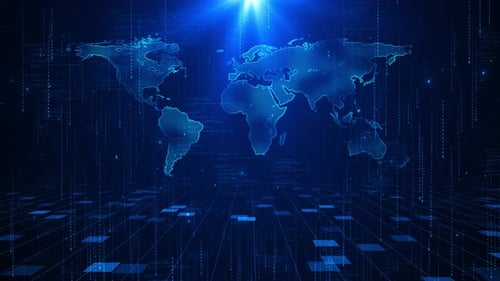 Animated Global Digital World Map with Flowing Code Data