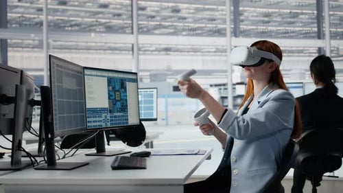 Woman Using VR Tech to Optimize Microchip Production in Factory RD Workspace