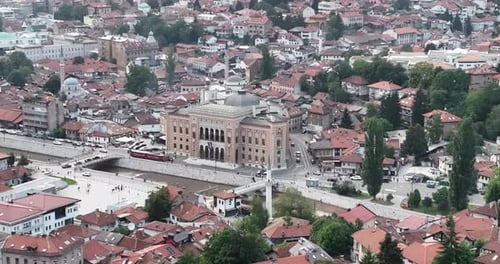Aerial Footage of Sarajevo and National Library the Shot is Flying Over Vijecnica Library with a
