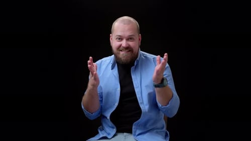 Incredibly Happy Guy Throws His Hands Up and Rejoices Looking at Camera Maximum Emotional Bald