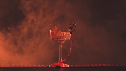 Red Cocktail with Citrus Wedge in Moody Lighting