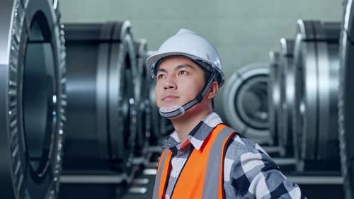 Side View Of Asian Male Engineer Looking Around With Arms Akimbo In Metal Factory