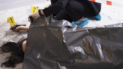Woman Investigating a Crime Scene with Covered Body