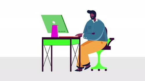 Man Sitting Desk with a Computer Man Working at Office Animation