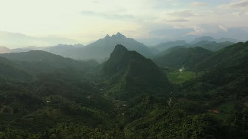 Mountains, forest and drone with hills, trees and landscape scenery