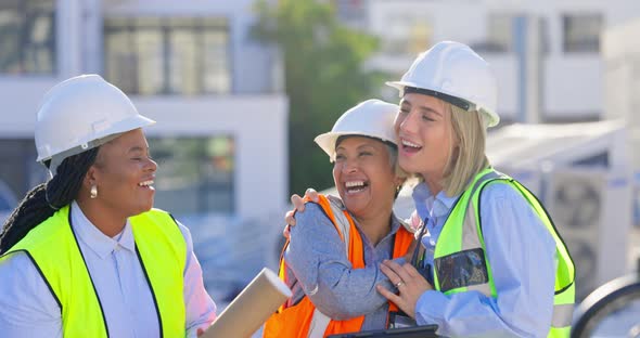 Hug, success or happy architects on construction site in a city ...