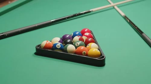 Fifteen Colorful Billiard Balls in Triangle Prepared for Pool Game