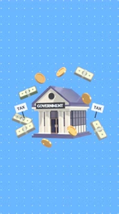 3D Tax Concept Animation in Vertical Video Format with Government Building, Cash, and Gold Coins.