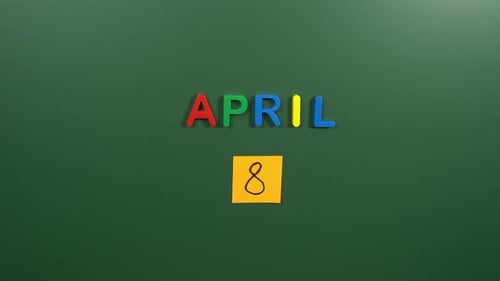 Hand sticking a sticker 8 April calendar day on school board. 8 date of April. Eighth day April