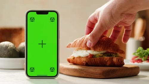 Phone with Green Screen Chroma Key on Kitchen Restaurant Cafe Bistro Application Bakery Food Fresh