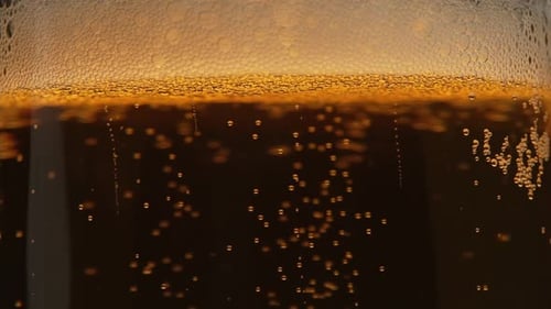 Bolhas em um copo de cerveja em câmera lenta. Uma caneca de cerveja dourada brilha na luz. As bolhas sobem