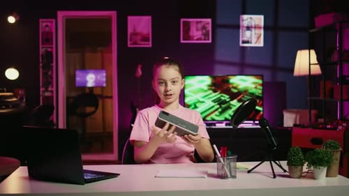 Young Girl Demonstrating Device in a Pink Bedroom