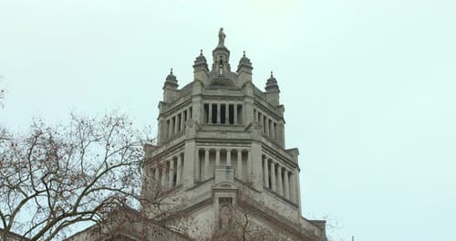 Tower Above Main Entrance Of Victoria And Albert Museum In London, England. low angle, tilt-down sho