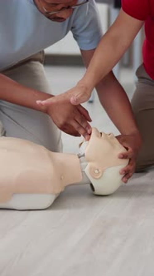 Hands, first aid or CPR with mannequin for training course, health or safety workshop