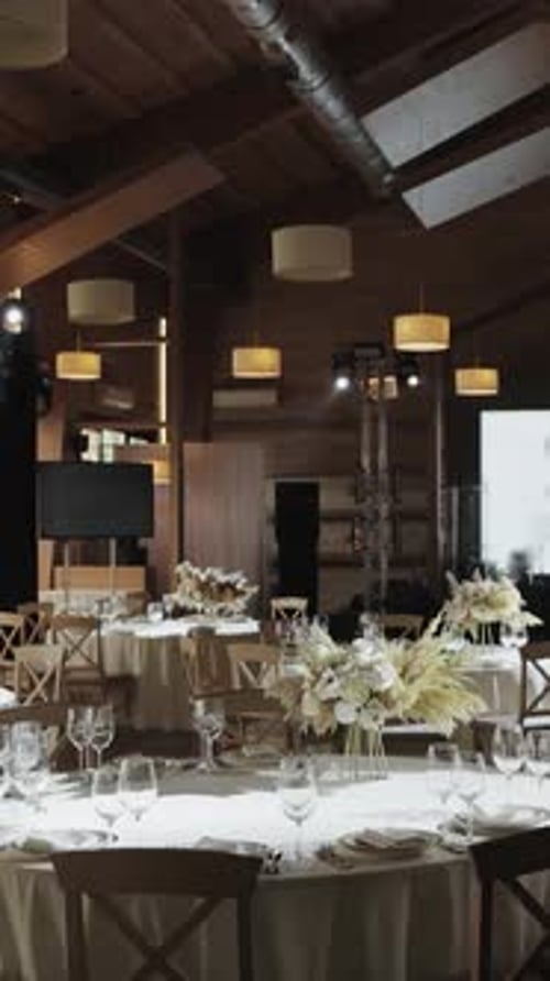 Wedding reception venue with decorated tables