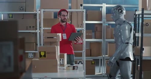 Humans and Robots Teamwork Post Office Department Workers Cooperating in Service Workshop Caucasian