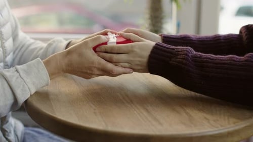 Female Hands Offering Red Gift Box with White Ribbon Girlfriend in Cafe Table