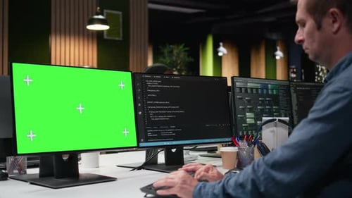 Green Screen Mockup PC Used By Admin in Office Analyzing Machine Learning