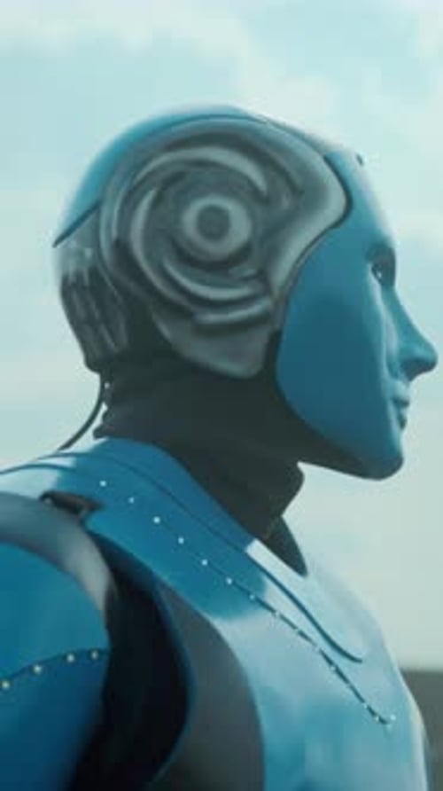 Scène Cinématique représentant une sentinelle robotique contemplative avec des optiques réfléchissantes dans un ciel serein et