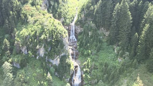Aerial View of Waterfall Flowing Through Green Forest